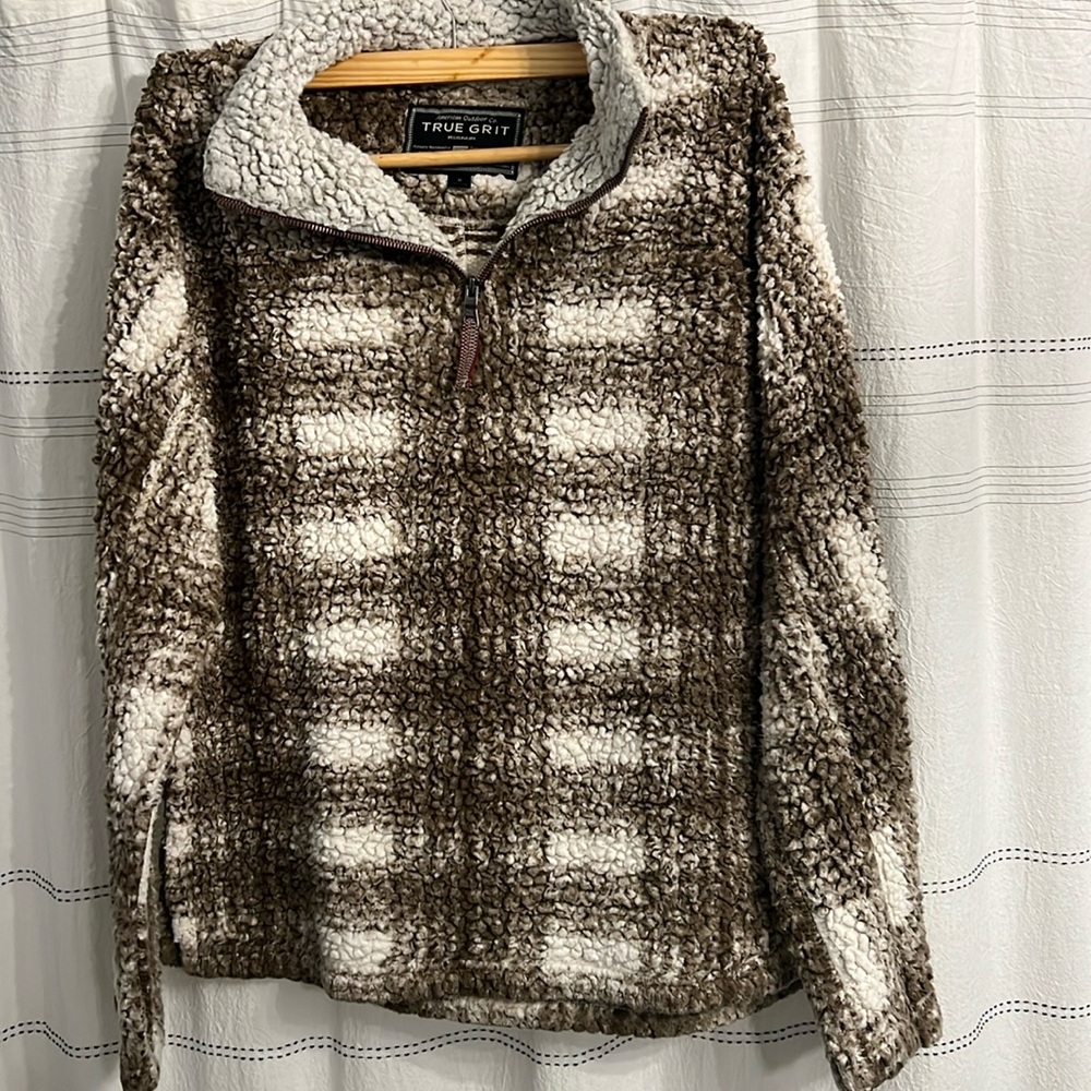 True grit 1/4 zip plaid brown and off white fleece sz medium